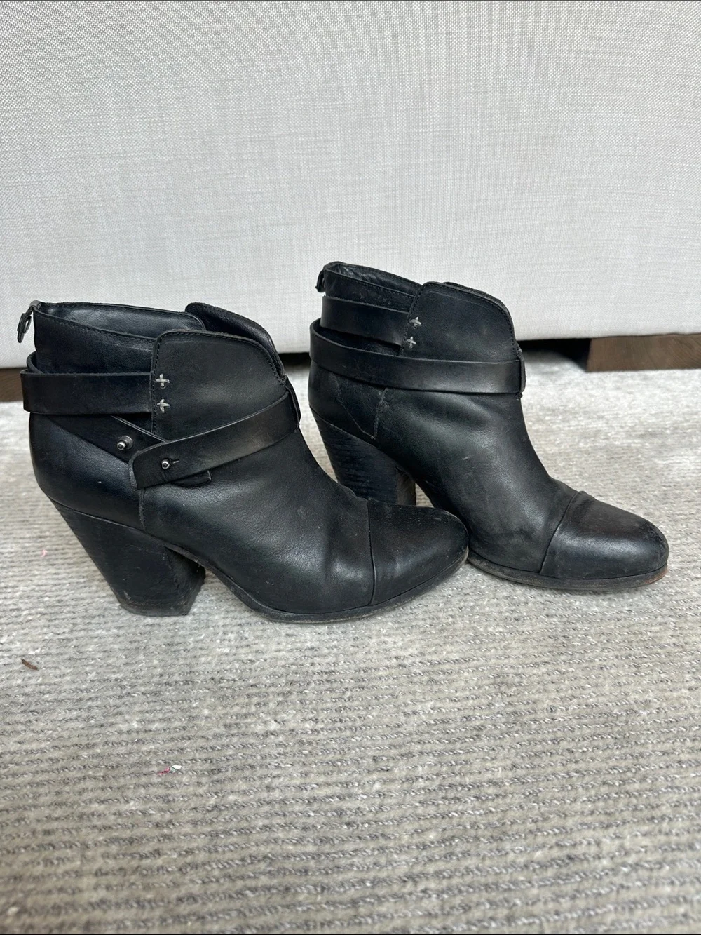 rag & bone Black Leather Ankle Boots with Strap Detail